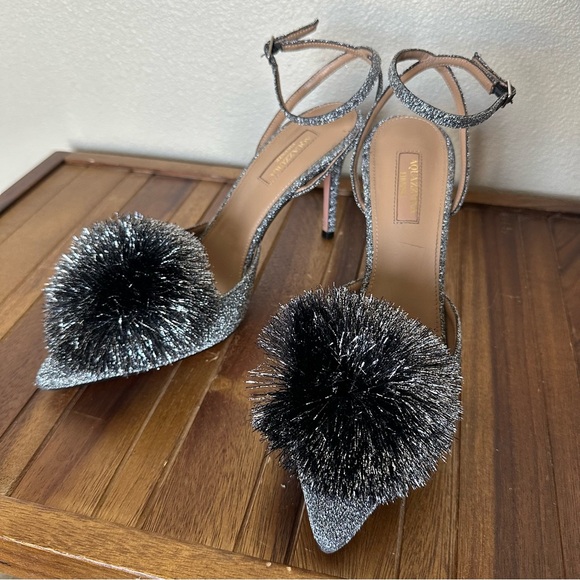 Aquazzura Shoes - Aquazzura Firenze Silver Sparkly Metallic Powder Puff Slingback 38.5